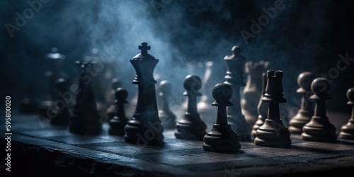 Chess figures on a dark background with smoke and fog. Epic chess game illustration. Chess pieces on a chessboard, blurred background. Concept of business ideas, competition, strategy. Generative AI