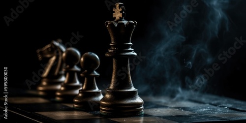 Chess figures on a dark background. The set of chess pieces element, king, queen rook, bishop, knight, pawn standing on chessboard. Epic chess game illustration. Business strategy. Generative AI 