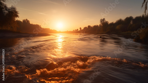 Sunrise Shot Showcases Majestic River with Scenic Landscape and Wildlife
