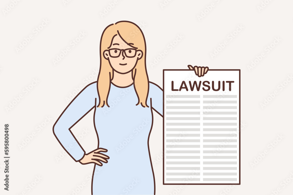 Woman shows poster with lawsuit related to patent infringement or broken business contract deadlines Woman shows poster with lawsuit related to patent infringement or broken business contract deadlines