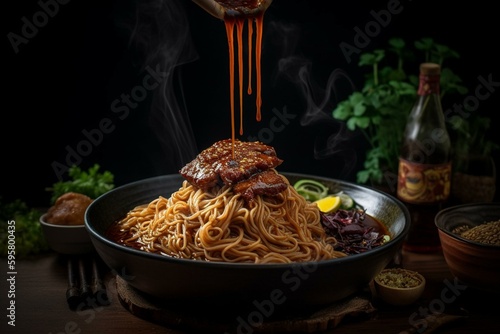Lanna-style pork noodles with sauce. Generative AI