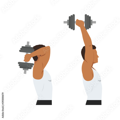 Man doing Dumbbell overhead triceps extension exercise. Flat vector