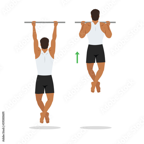 Man doing chin ups workout. Pull up with supinated lat pulldown reverse grip. Healthy and active lifestyle. Flat vector