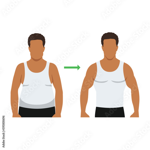 muscular and fat man, guy before and after sports. weight loss and diet vector lifestyle concept. Flat vector