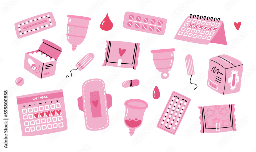 Set of feminine menstrual sanitary goods isolated on white. Cute hand drawn doodle style menstruation pads and tampons, birth control pills, menstrual cups, period calendar tracker and more! Set of feminine menstrual sanitary goods isolated on white. Cute hand drawn doodle style menstruation pads and tampons, birth control pills, menstrual cups, period calendar tracker and more!