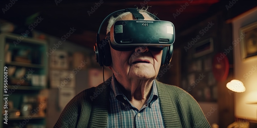Elderly man wearing virtual reality headset. Modern elderly lifestyle