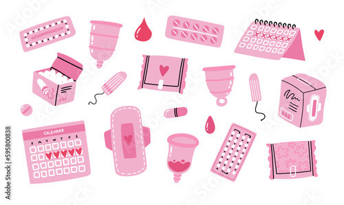 Set of feminine menstrual sanitary goods isolated on white. Cute hand drawn doodle style menstruation pads and tampons, birth control pills, menstrual cups, period calendar tracker and more!