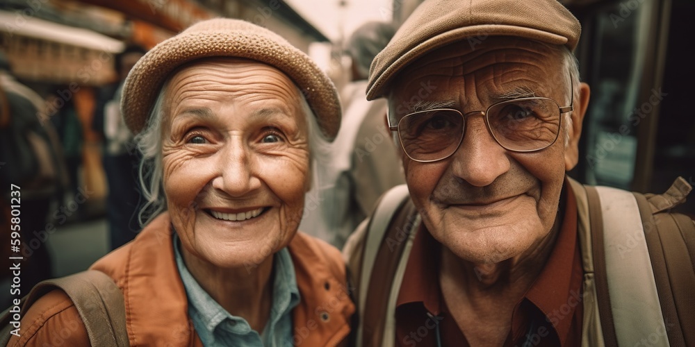Happy senior couple tourists make selfie. Healthy active lifestyle retirement for grandparents. Elderly people travels. Seniors make a selfie. Travel, vacation, retirement lifestyle. Generative AI