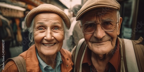 Happy senior couple tourists make selfie. Healthy active lifestyle retirement for grandparents. Elderly people travels. Seniors make a selfie. Travel, vacation, retirement lifestyle. Generative AI