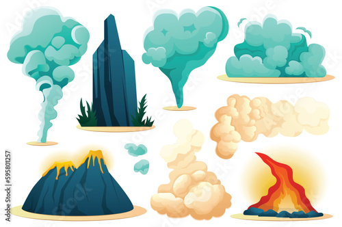 Concept Smoke and mountains. A set of flat and cartoonish designs depicting smoke and mountains on a white background. Vector illustration.