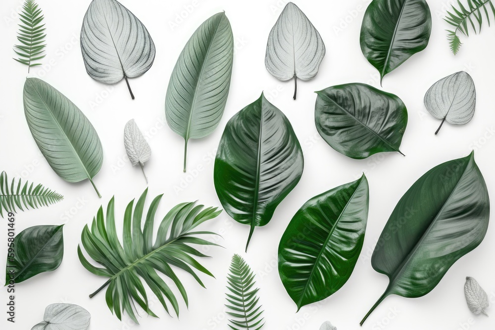 variety of green leaves isolated on a white background. Generative AI