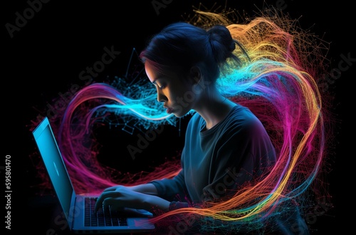  Mujer trabajando en una laptop con líneas digitales y números coloridos, en el estilo de composiciones luminosas, redes infinitas. photo