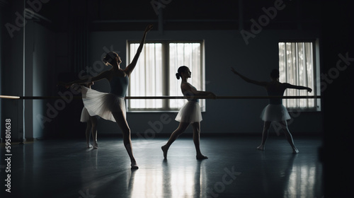 Group of young ballerinas performing a choreographed ballet as they train togethe. Generative ai
