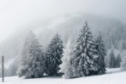 snow-covered trees with a mountain backdrop. Generative AI © AkuAku