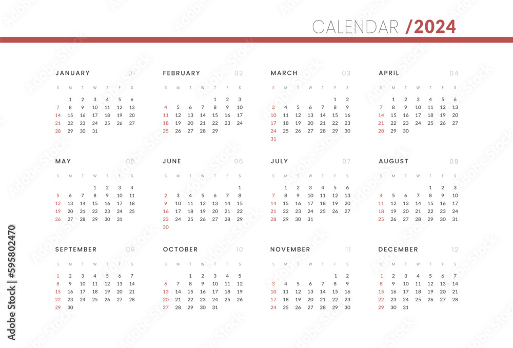 2024 Annual Calendar Template Vector Layout Of A Wall Or Desk Simple