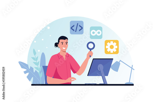 Devops blue and pink concept with people scene in the flat cartoon style. Programmer works on developing new mobile applications. Vector illustration.