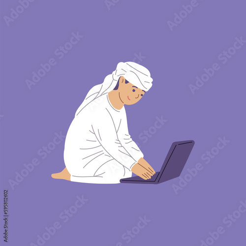 Happy arab boy using laptop, flat vector illustration isolated on purple background.