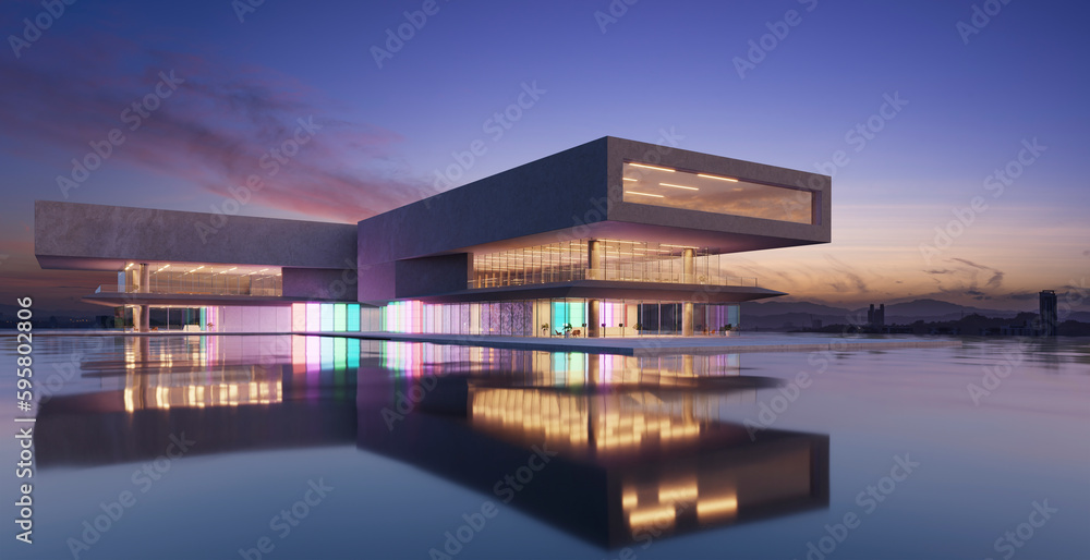 Fototapeta premium 3d modern buildings have colored gradient glass walls with a lake in front