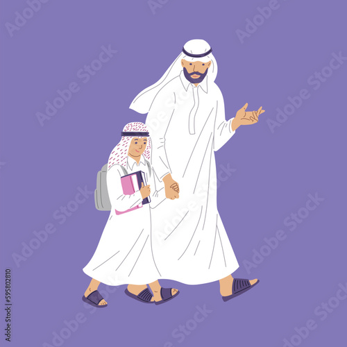 Arab child with father walking to school, flat vector illustration isolated on purple background.