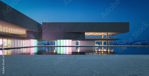 3D modern buildings have colored gradient glass walls with a pond landscaping in front