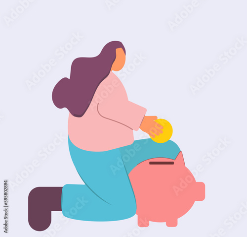 Original vector illustration of a girl throwing a coin into a piggy bank. Minimalistic flat design. Illustration for bank shapes, banners, posters. Finance, economics, credit, money, deposit.