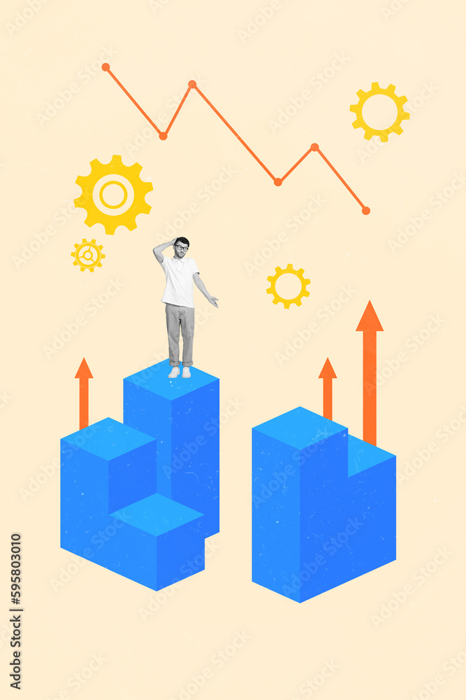 Vertical collage image of mini black white gamma minded guy stand climb top scratch head clueless growing arrows up cogwheel gear mechanism Vertical collage image of mini black white gamma minded guy stand climb top scratch head clueless growing arrows up cogwheel gear mechanism
