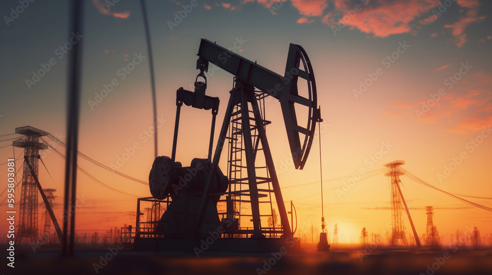 Petroleum concept. Oil pump rig. Oil and gas production. Oilfield site. Pump Jack are running. Drilling derricks for fossil fuels output and crude oil production. Generative ai.
