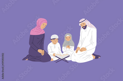 Arabic Muslim family with children praying , flat vector illustration isolated.