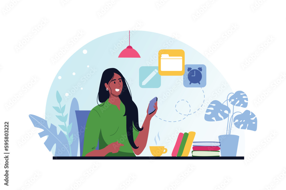 Mobile organizer blue and pink concept with people scene in the flat cartoon design. Girl looks at the program organizer in a new smartphone. Vector illustration.