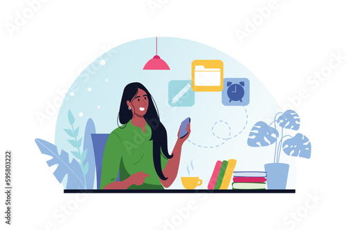 Mobile organizer blue and pink concept with people scene in the flat cartoon design. Girl looks at the program organizer in a new smartphone. Vector illustration. © Andrey