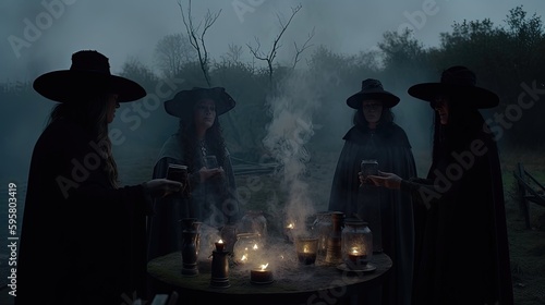 A witches coven gathers under the full moon, casting spells and invoking ancient powers to further their mystical agenda. Generated by AI.
