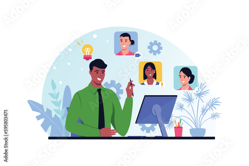Business videoconference blue and pink concept with people scene in the flat cartoon design. Business man discusses important issues with colleagues via video conference. Vector illustration.