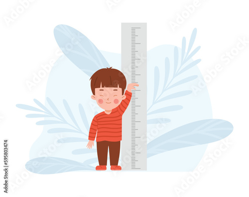 Boy next to stadiometer for height measurement, vector illustration isolated.