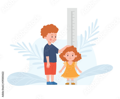 Boy and girl measure height with stadiometer scale vector illustration isolated.