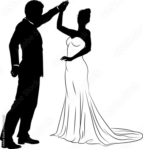 Bride and groom couple silhouettes. Woman in a bridal wedding dress
