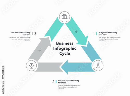 Three stages business infographic cycle with minimalistic icons. Easy to use for your website or presentation.