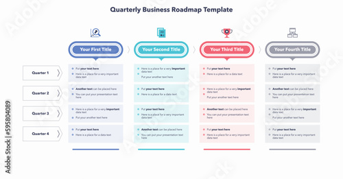 Quarterly business roadmap template with four colorful sections. Flat creative diagram with place for your texts.
