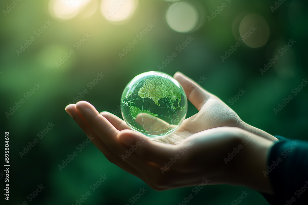 Earthcentered icon in a hand, green background . Generative AI