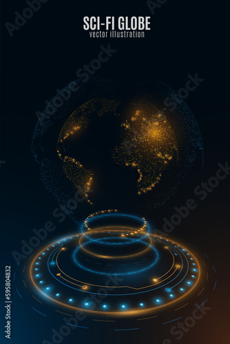 Futuristic sci-fi globe and 3d HUD rounds with light effects. Hologram of Earth map. Digital planet. Global network. Technology cover. Vector illustration