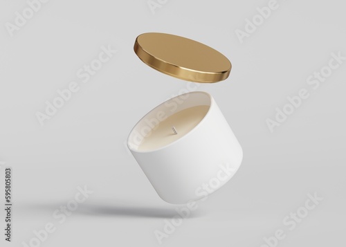White ceramic candle jar with gold lid open floating mockup, 3D render