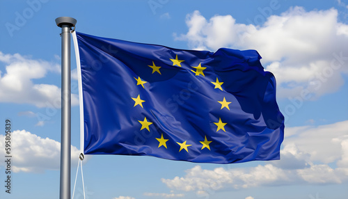 european union flag, Flag of the European Union waving in the wind on flagpole against the sky with clouds on sunny day, Ai Generate 