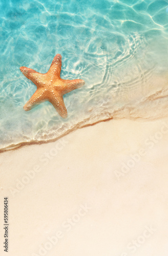 Starfish on the sand beach in clear sea water. Summer background. Summer time .Copy space. Relaxing on the beach.