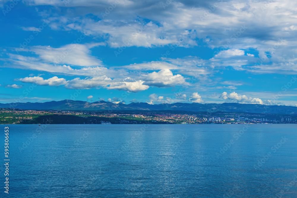Rijeka, town on Croatian Adriatic sea coastline seen from the Kvarner gulf shoreline