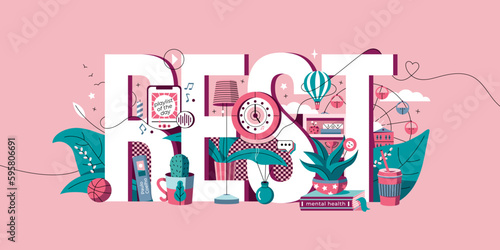 A text composition illustrating the rest.  A template with the attributes of recreation - books, incense, indoor plants, interior items. Illustration template for websites and applications.