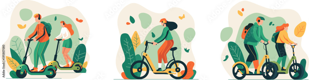 Set of cartoon characters of young people using urban eco transport Set of cartoon characters of young people using urban eco transport