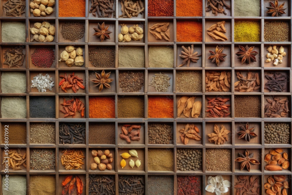 wooden spice box filled with a variety of aromatic spices. Generative AI