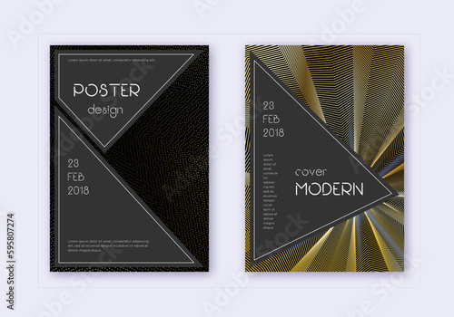 Black cover design template set. Gold abstract lin