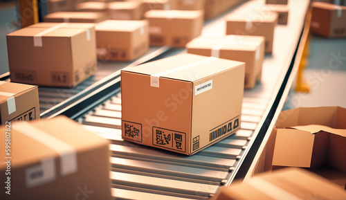 carton boxes on conveyor belt  warehouse for product storage and logistics  generative ai.
