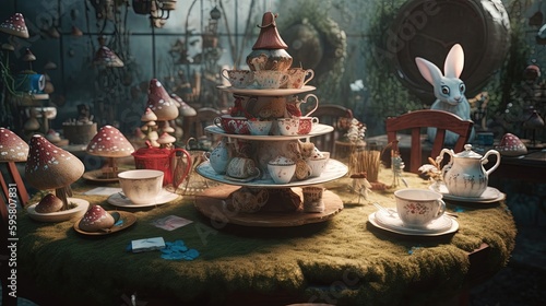 The magical world of Alice in Wonderland comes to life in stunning detail, as an ultrarealistic 8K resolution captures every vibrant color. Generated by AI.