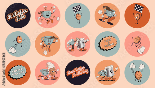 Coffee retro cartoon fast food stickers. Comic character, slogan, quotes and other elements for burger bar, cafe, restaurant. Groovy funky vector illustration in trendy retro cartoon style.